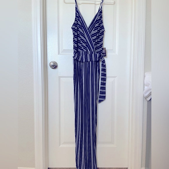 NEW Express tank Jumpsuit Blue and White Stripes with attached belt & elastic wa - Picture 2 of 6